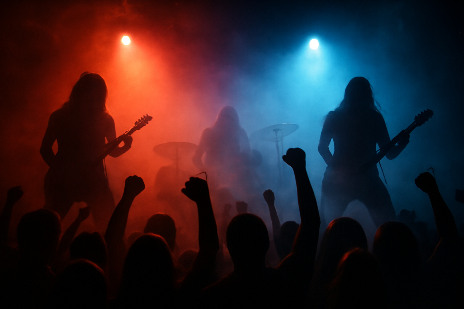 Band metal Indonesia tampil di panggung klub dengan cahaya merah dan biru