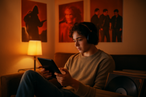 Seseorang mendengarkan musik metal dengan headphone di ruangan nyaman