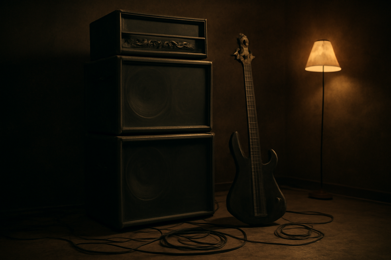 Tumpukan amplifier dan gitar bass di ruang latihan band metal dengan pencahayaan redup